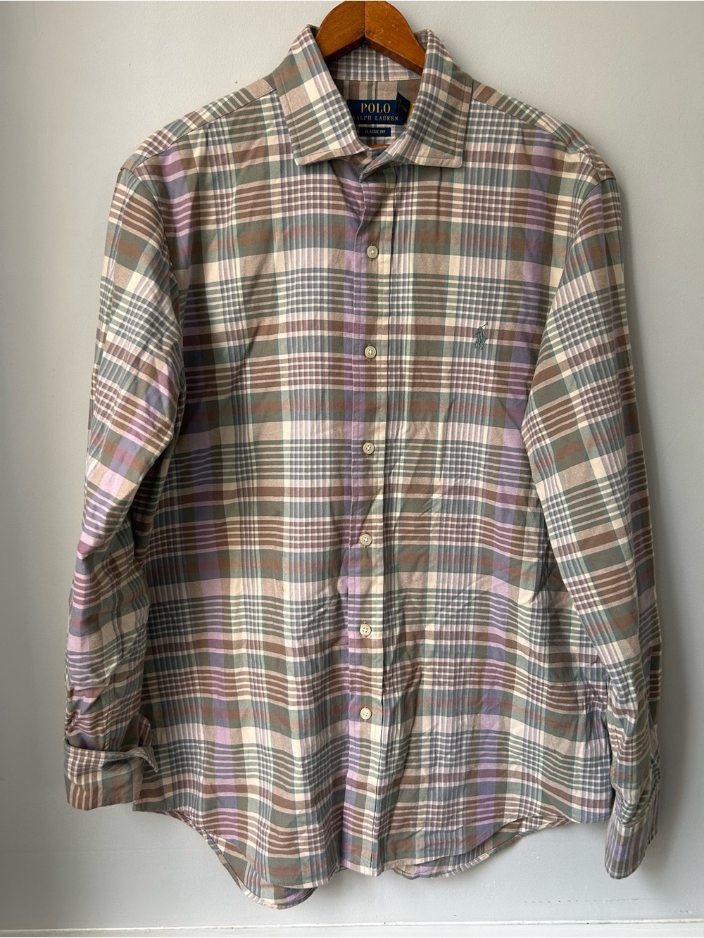 Polo Ralph Lauren Classic Fit long sleeve green tan lavender plaid Medium